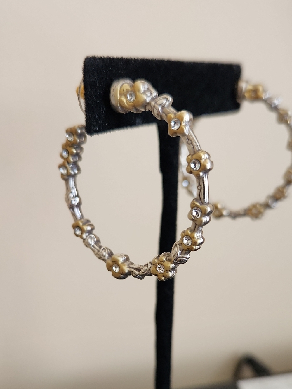 BRIGHTON Flower Child Silver and Gold-Tone with Swarovski Crystals Hoop Earrings - Picture 2 of 5